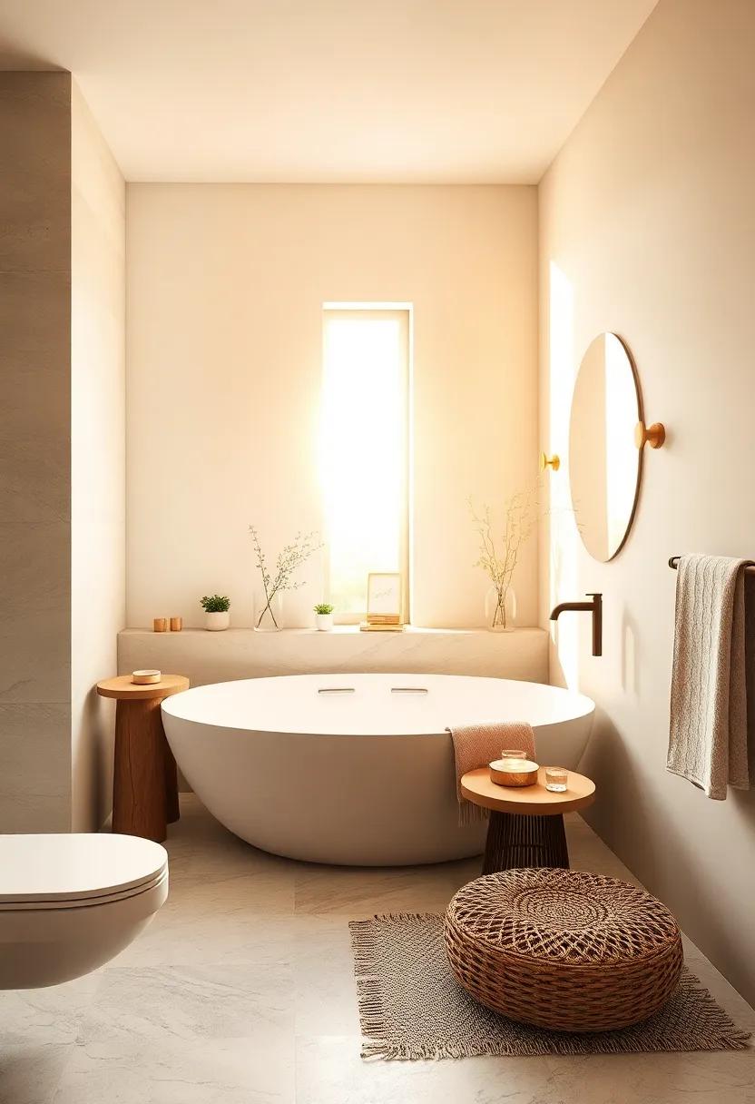 Neutral Tones and Smooth Surfaces Reflecting Golden Hour Sun Rays in a Serene Bathroom Design