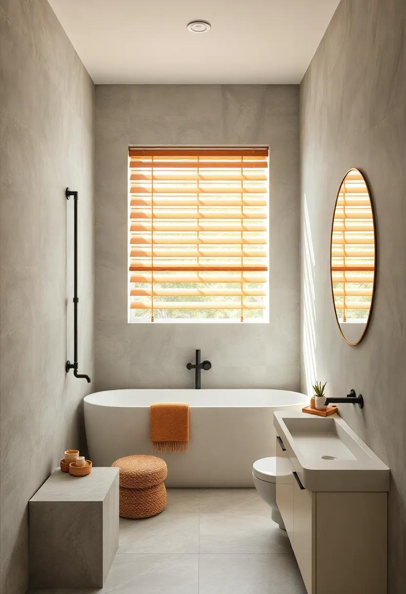 Slatted Wooden Blinds Controlling Sunlight Over a Compact Minimalist Bathroom with Clean Lines