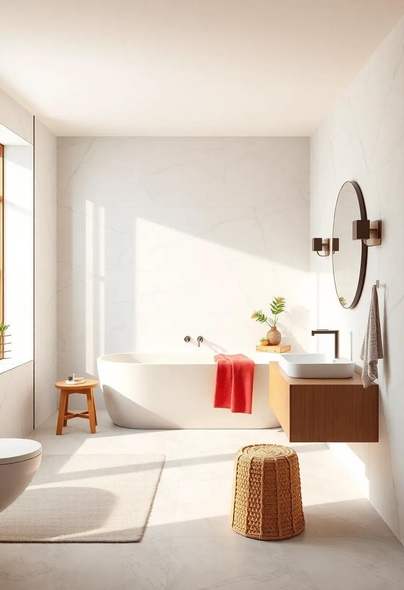 A Scandinavian Inspired Bathroom Layout Featuring White Marble, Matte Fixtures and Warm Light