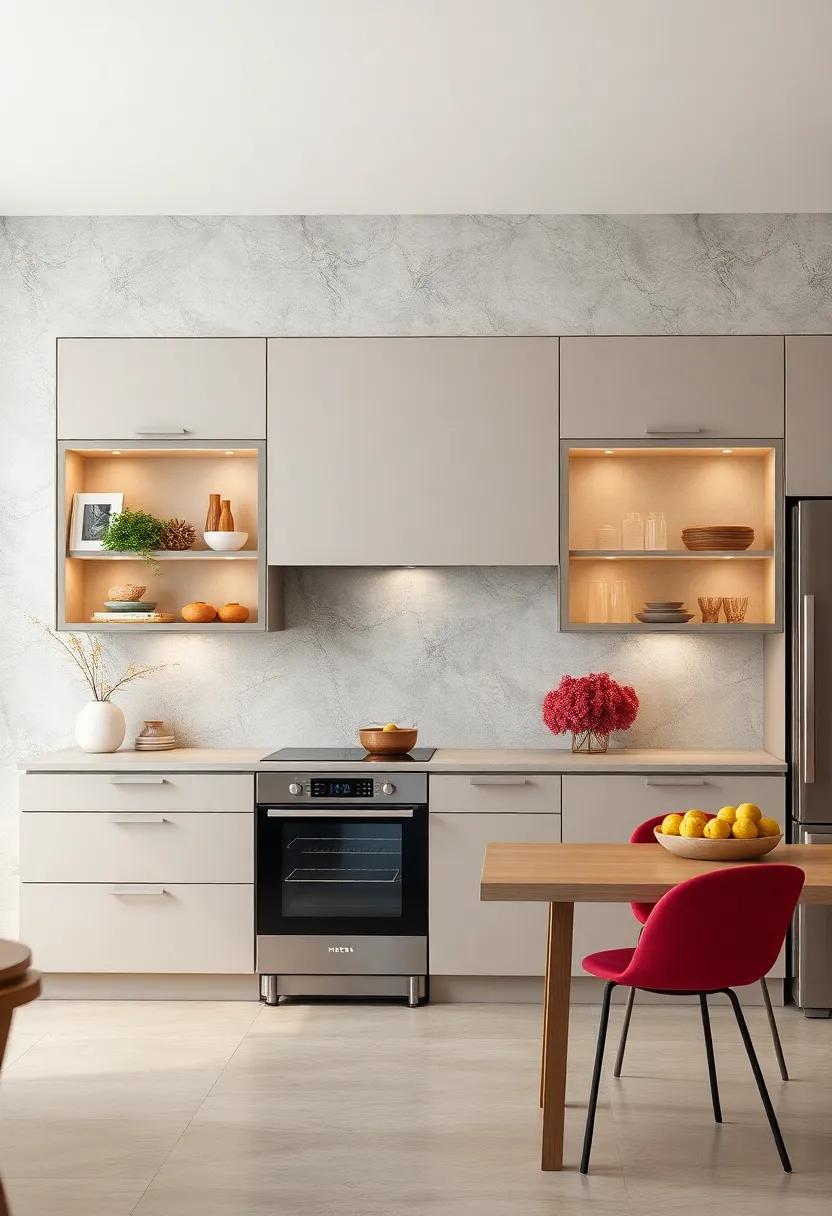 Glass Front Cabinets Revealing Organized Minimalist Kitchen Contents Behind Seamless Appliance Panels