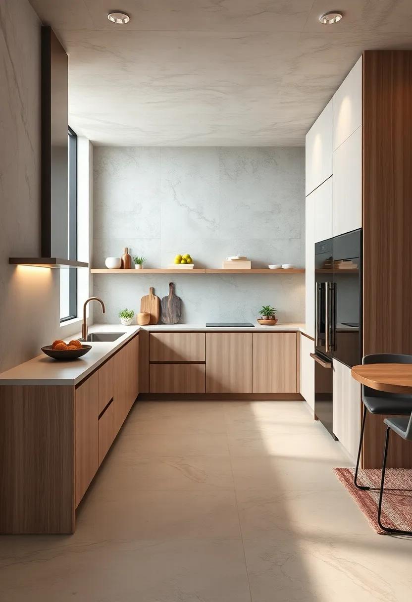 Seamless Flooring Continuing Into Appliance Zones Providing A Unified Minimalist Kitchen Style