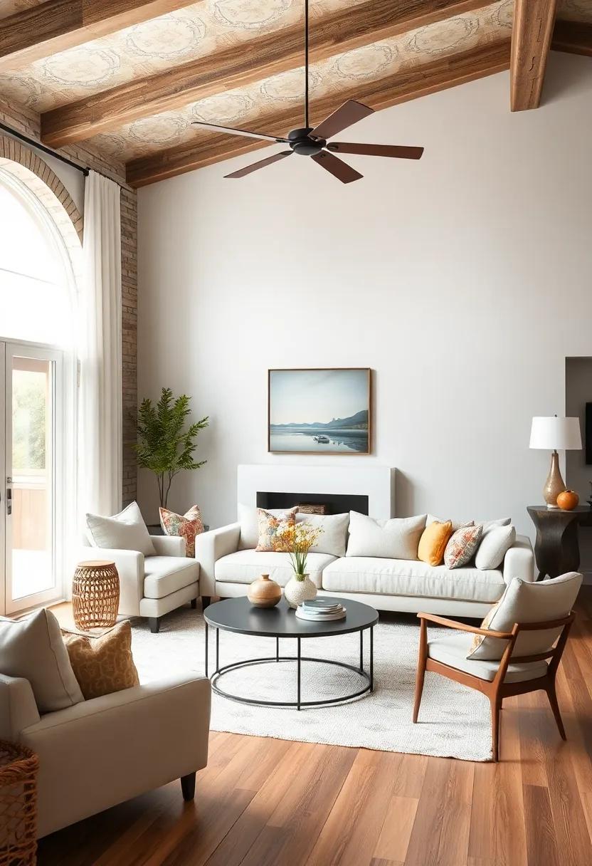 Cozy Neutral Tones Paired with Sleek Minimalist Furniture in a Bright Modern Farmhouse Living Room