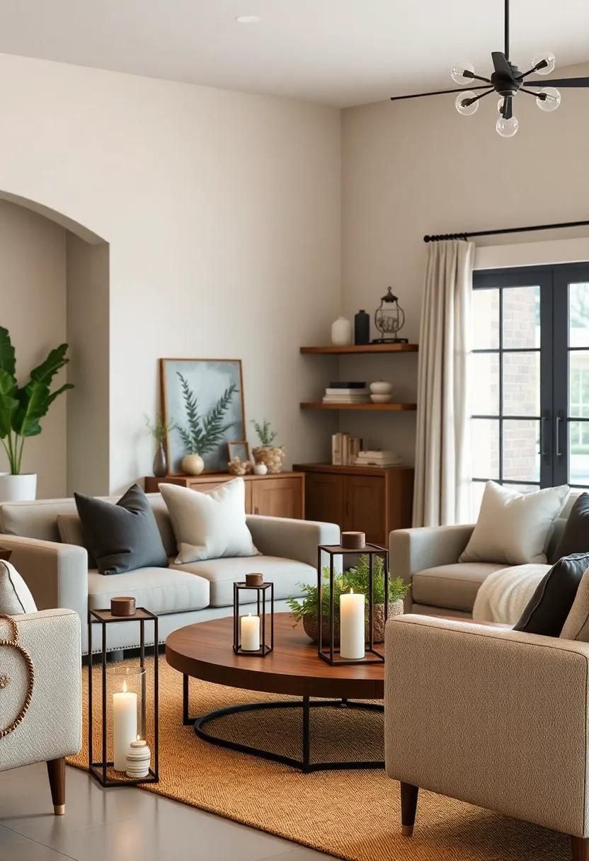 Subtle Use of Distressed Metal Lanterns and Candle Holders Blending Comfort with Modern Edge