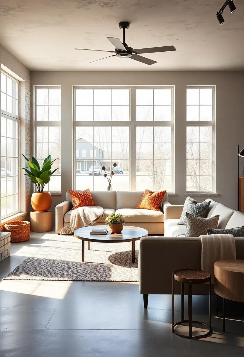 Natural Light Flooding Through Large Paned Windows Framing a Cozy Farmhouse Seating Area
