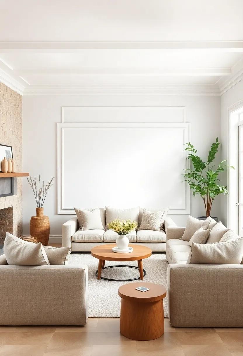 Plush Linen Soft Furnishings in Muted Earthy Colors Framed by Crisp White Walls and Simple Moldings