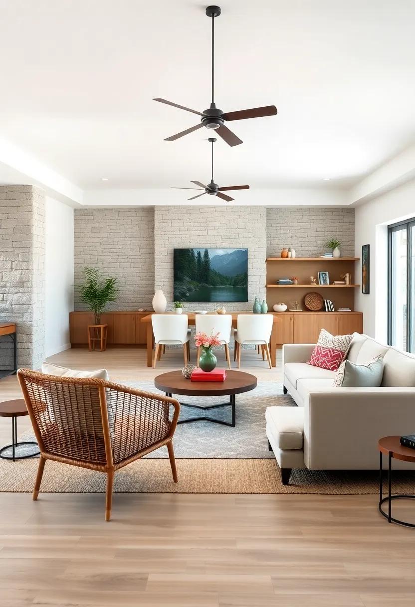 Balanced Combination of Vintage Wicker Chairs and Clean Lined Minimalist Sofas in an Open Plan Room