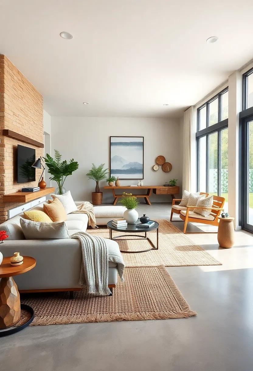 Soft Textured Rugs Layered Over Polished Concrete Floors for Warmth and Visual Contrast