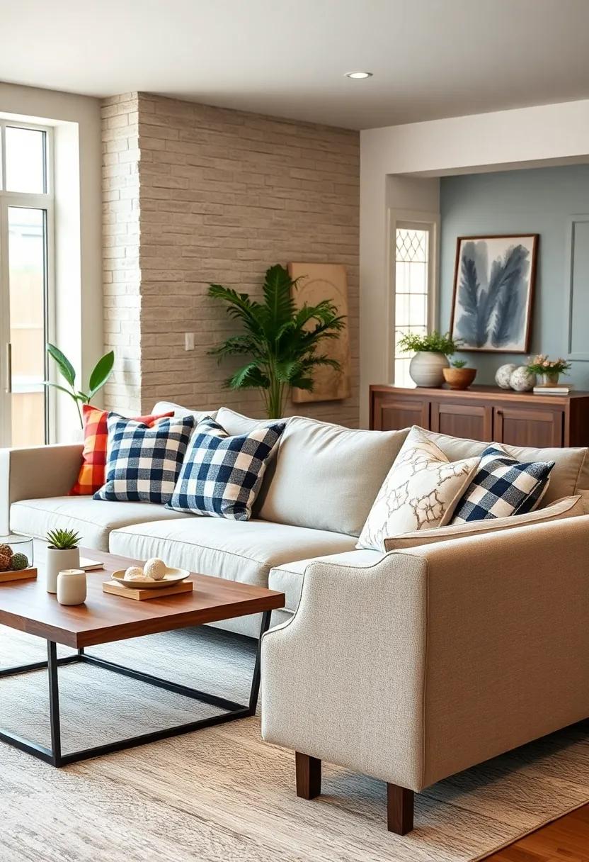 Layered Throw Pillows Combining Classic Plaids with Simple Geometric Patterns on a Modern Couch