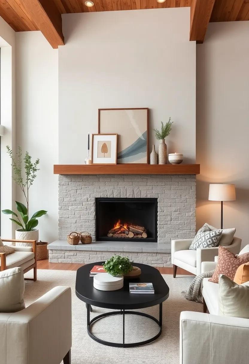 A Sleek Fireplace Mantel Dressed in Antique Farmhouse Accessories and Clean Modern Art Pieces