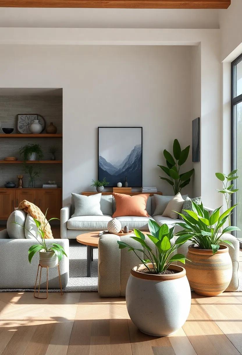 Fresh Greenery in Minimalist Ceramic Pots Positioned in Corners for a Natural Farmhouse Vibe