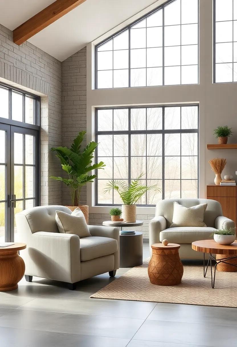 Soft Overstuffed Armchairs Situated Near Floor-to-Ceiling Windows Inviting Relaxed Farmhouse Ambiance