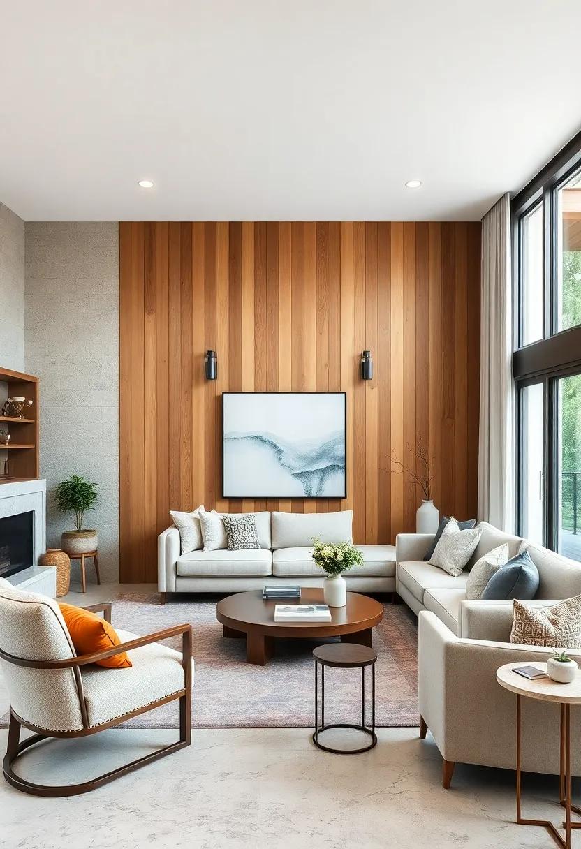 Natural Wood Accent Walls Paired with Sleek, High-Gloss Surfaces for a Harmonious Contemporary Look