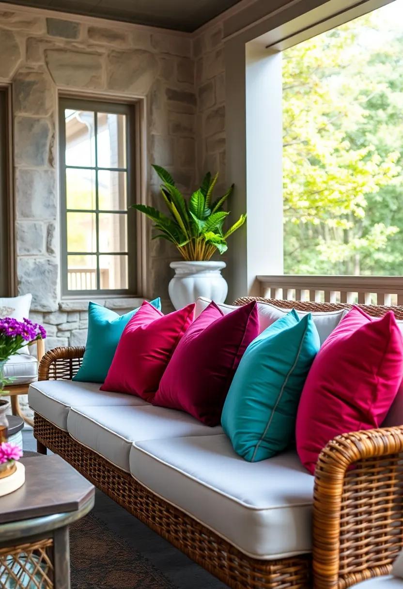 Luxurious Velvet Throw Pillows in Jewel Tones on a Rattan Sectional Bathed in Natural Light
