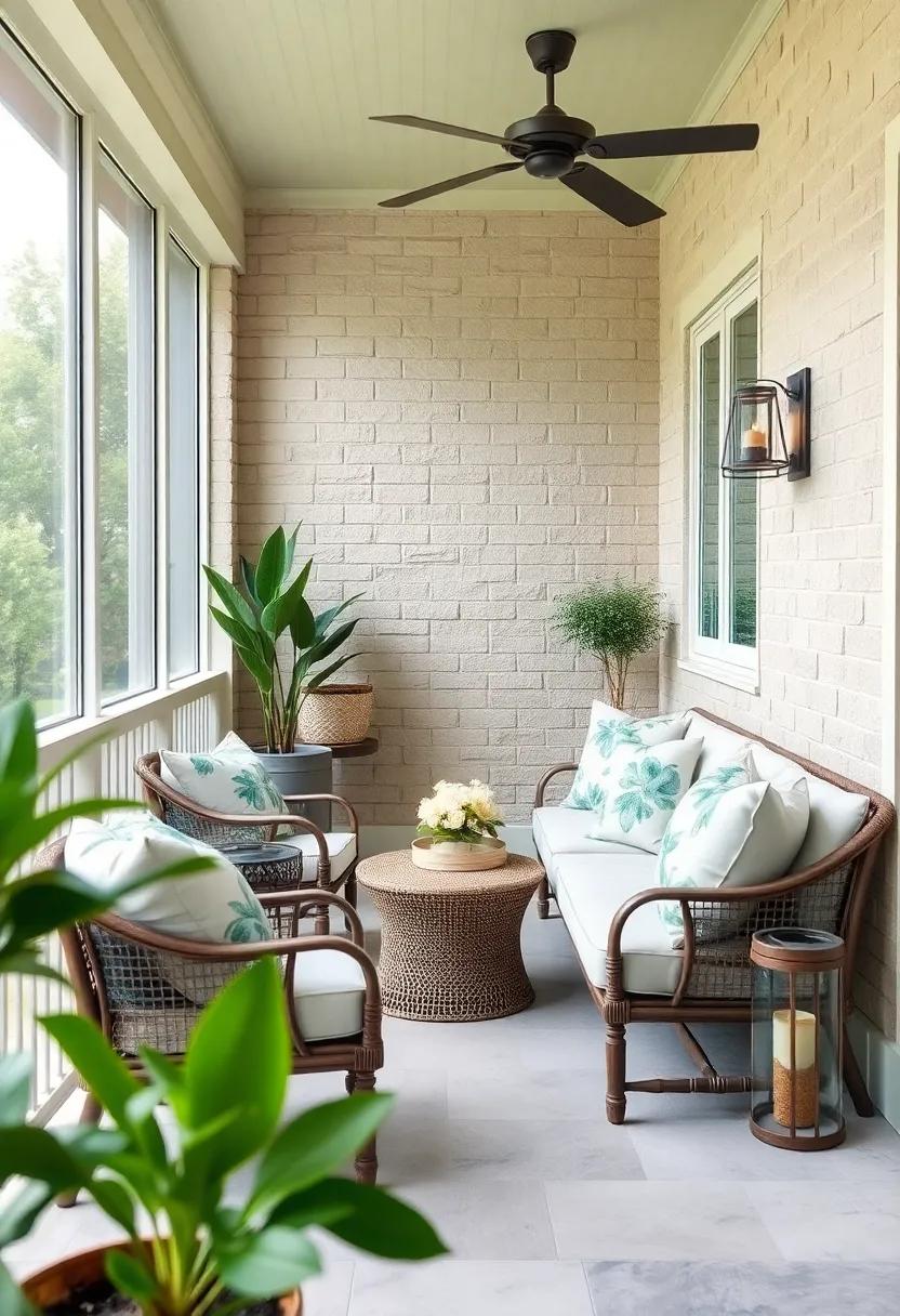 Flowing Botanical Prints in Soft Greens and Blues Combining Serenity and Style on a Balcony Porch