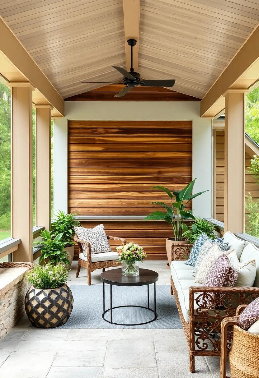 Textural Contrast Featuring Woven and Quilted Throw Pillows in a Natural, Wood-Focused Space