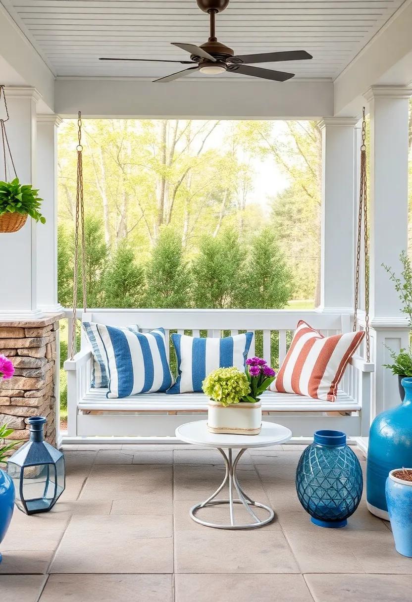 Nautical Inspired Striped Throw Pillows on a White Porch Swing Surrounded by Blue Accents