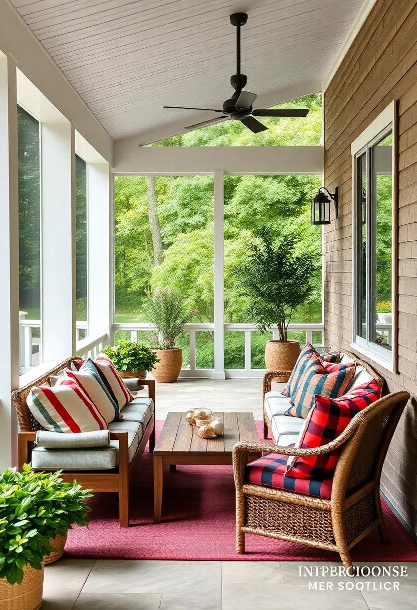 Classic Stripes and Plaids in Bold Primary Colors Enhancing a Traditional Wooden Porch Set Up