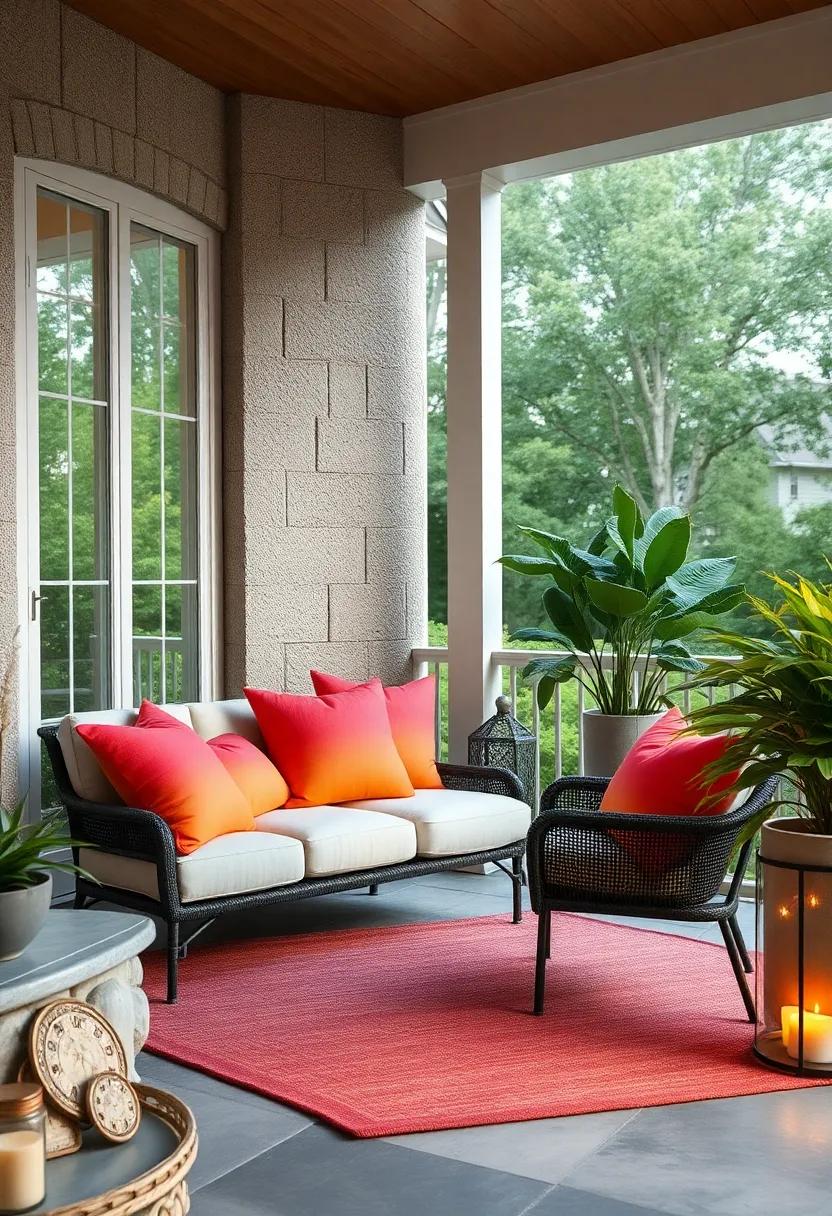 Sunset Inspired Gradient Throw Pillows Creating a Warm Glow on a Lounging Corner of the Porch