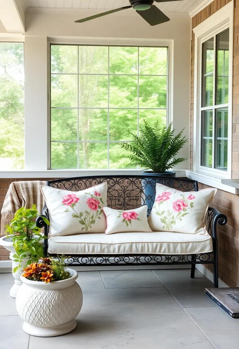 Rustic Farmhouse Porch Setting with Checked and Floral Throw Pillows Layered on Wooden Benches