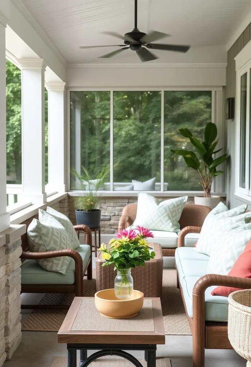 Coastal Chic Outdoors with Soft Seafoam and Coral Throw Pillows Adding a Fresh Breeze Vibe