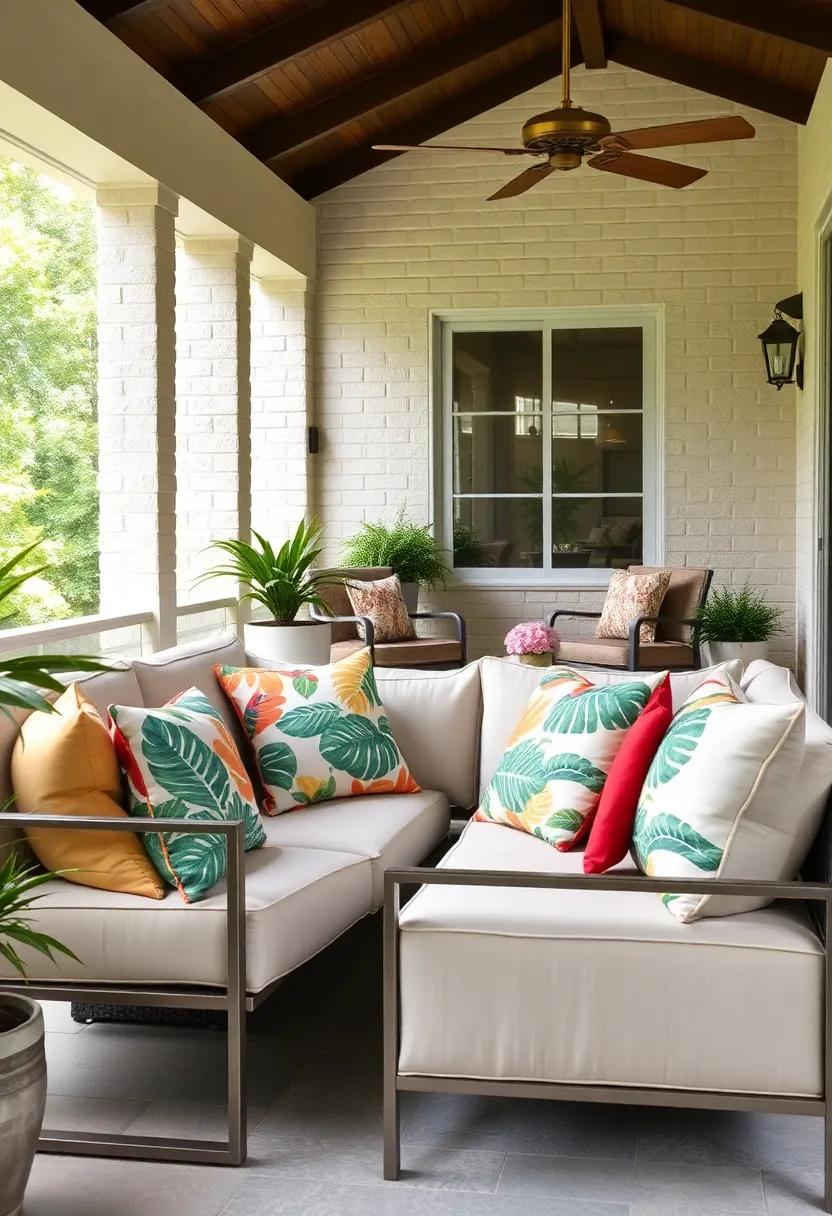Bold Tropical Prints Mixed with Solid Bright Pillows on a Modern Metallic Frame Sofa Set