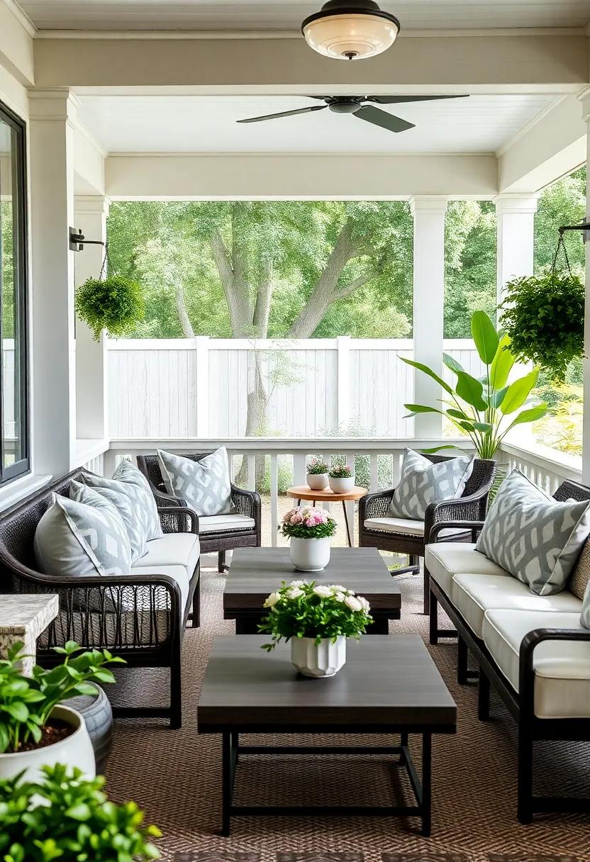 Monochromatic Grey and White Geometric Print Pillows Creating a Sleek, Modern Porch Look