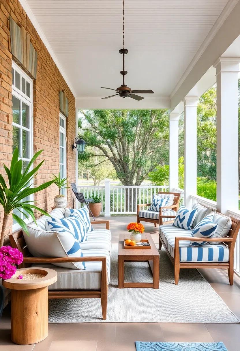 Fresh Coastal Vibes With Nautical Striped Sectionals and Whitewashed Details on a Breezy Porch