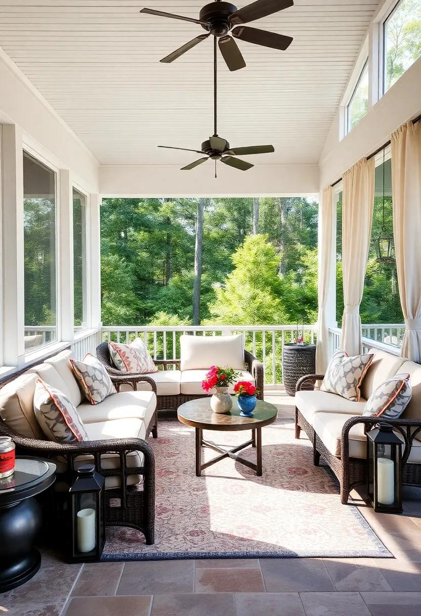 Classic Elegance in Sectionals Paired With Vintage Outdoor Lanterns and Soft Drapery Curtains