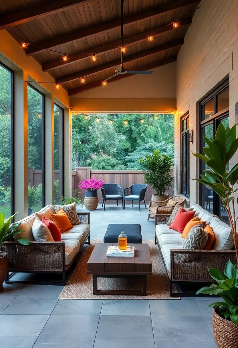 Inviting L-Shaped Sectionals Framed by Lush Greenery and Ambient String Lights Outdoor