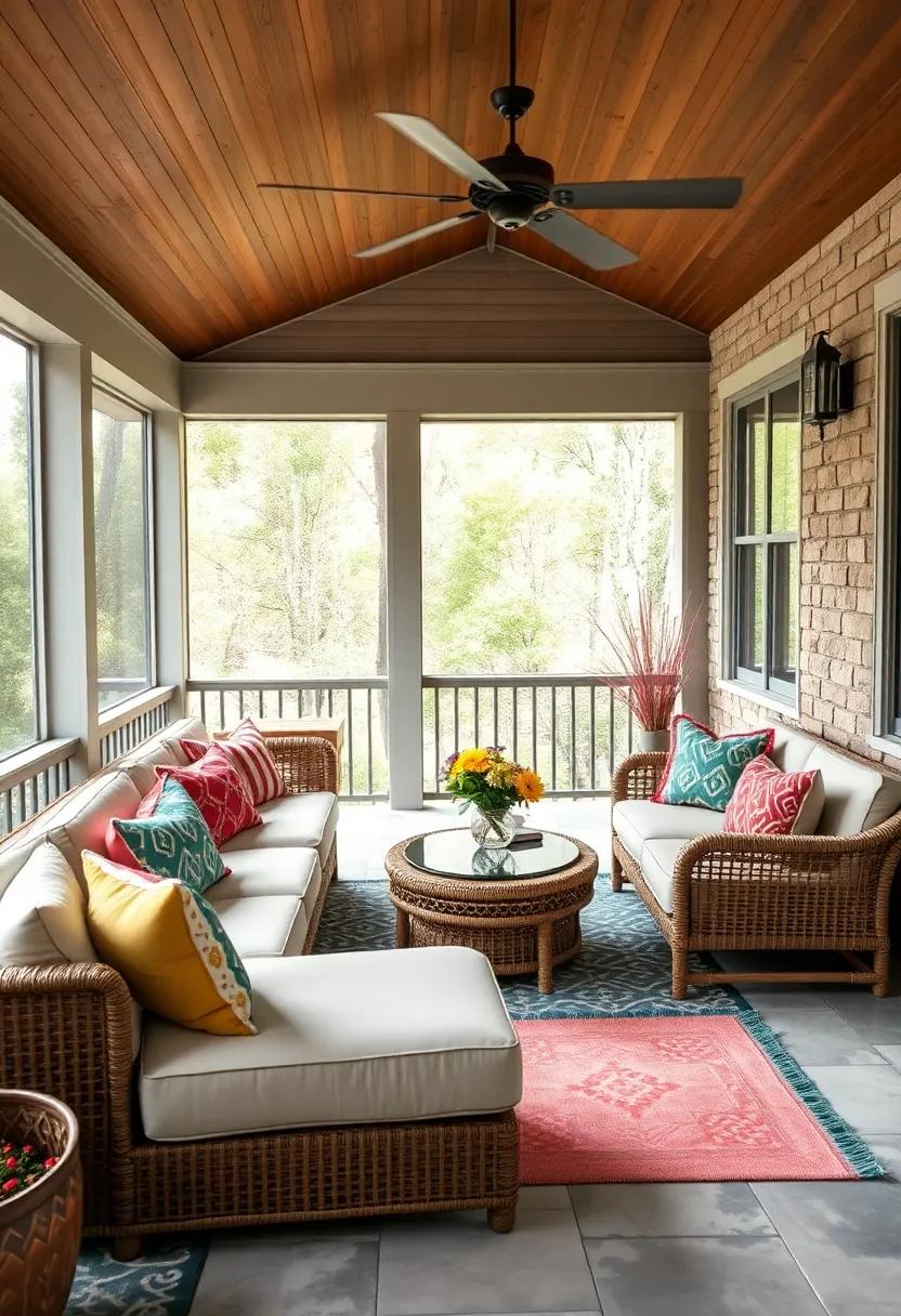 Bohemian Charm on Your Screened Porch With Woven Sectionals and Eclectic Throw Pillows