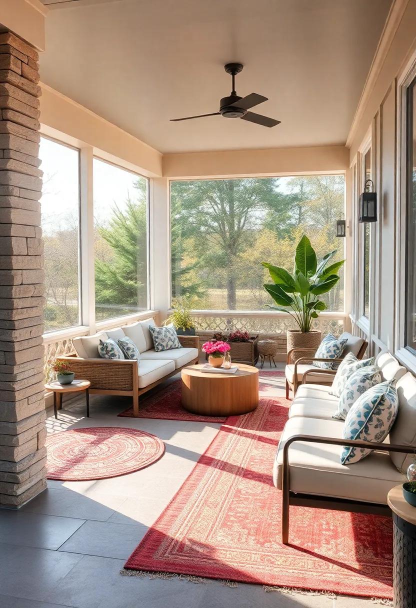 Sunlit Cozy Corners Featuring Soft Textures and Layered Outdoor Rugs on Your Screened Porch