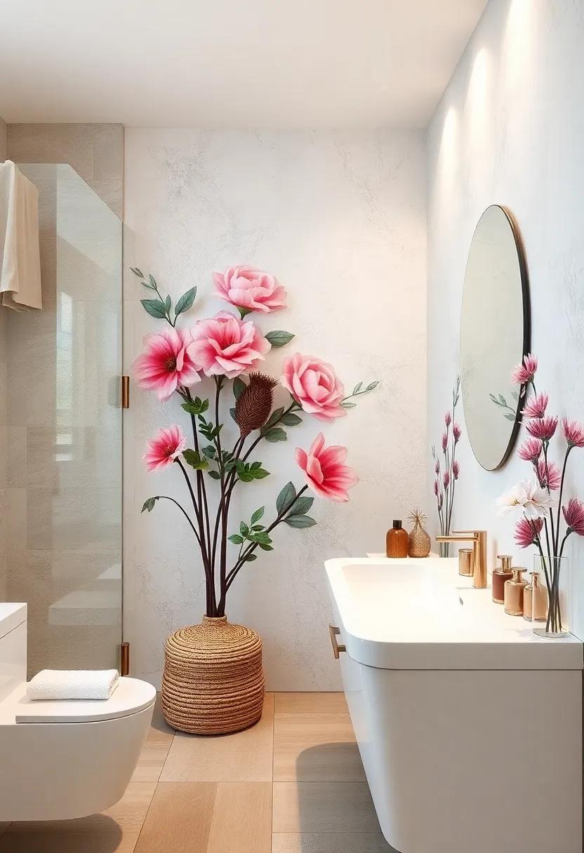 Elegant Floral Wall Decals Offering a Fresh and Serene Vibe to Small Bathroom Spaces