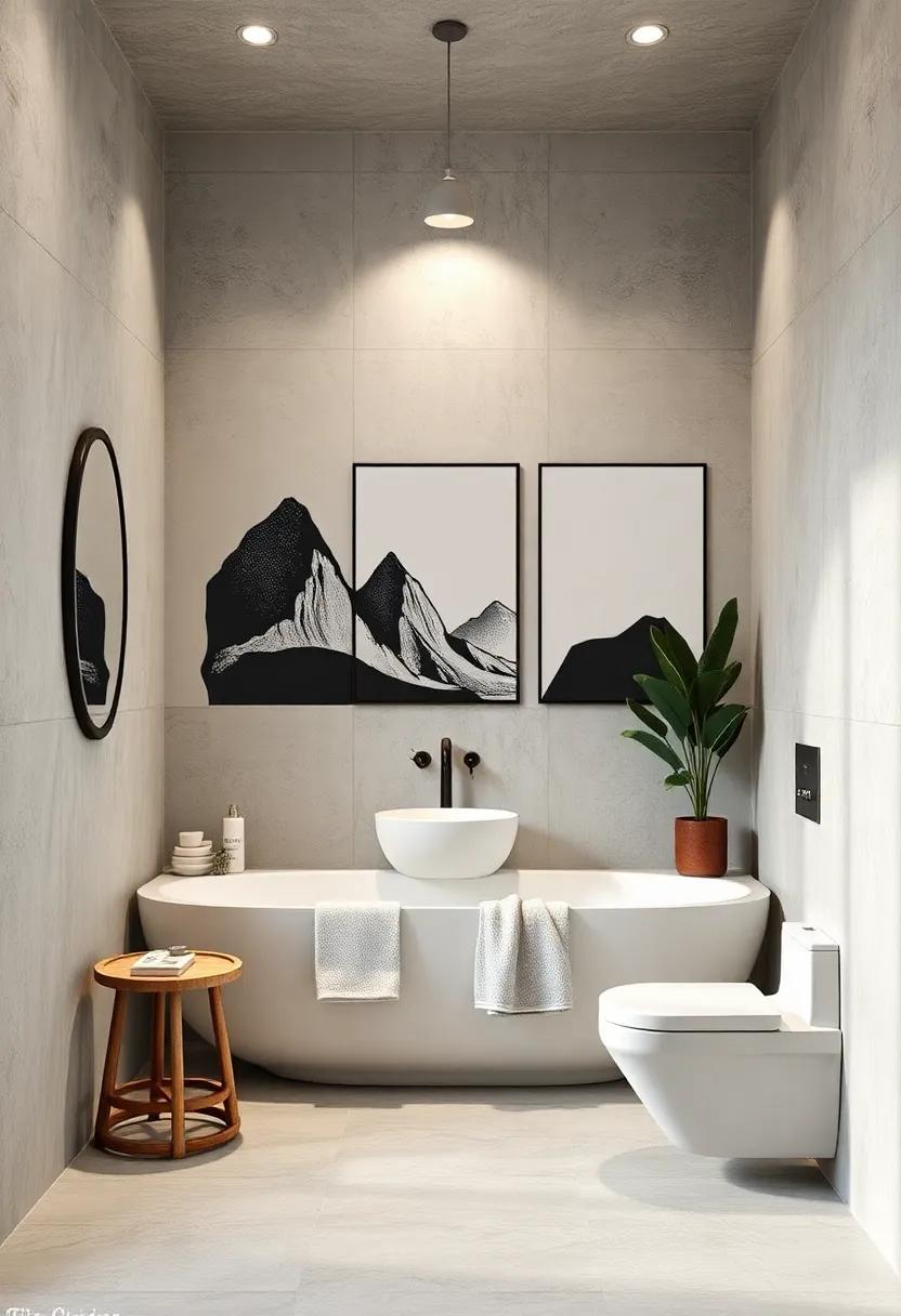 Chic Monochrome Illustrations Balancing Boldness and Simplicity on Limited Bathroom Wall Spaces