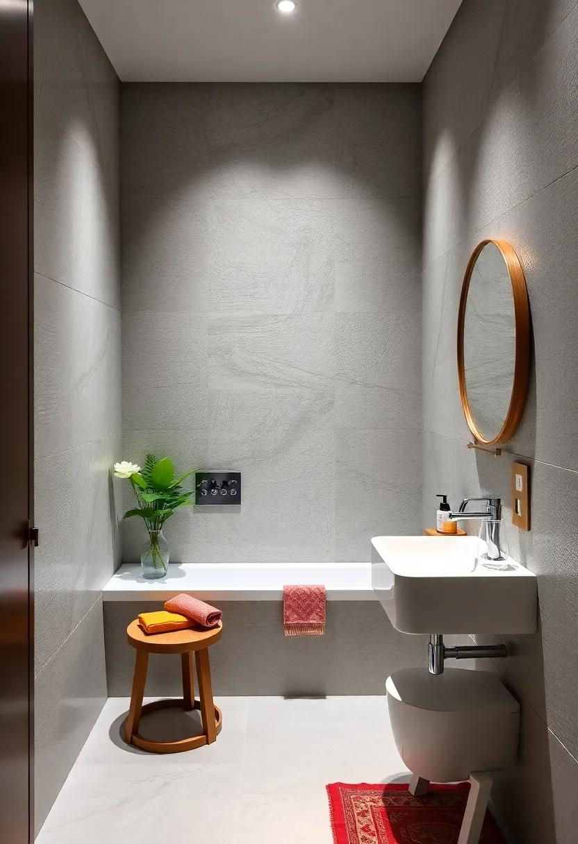 Artistic Geometric Patterns Enhancing Visual Depth and Modern Appeal in Compact Bathroom Walls
