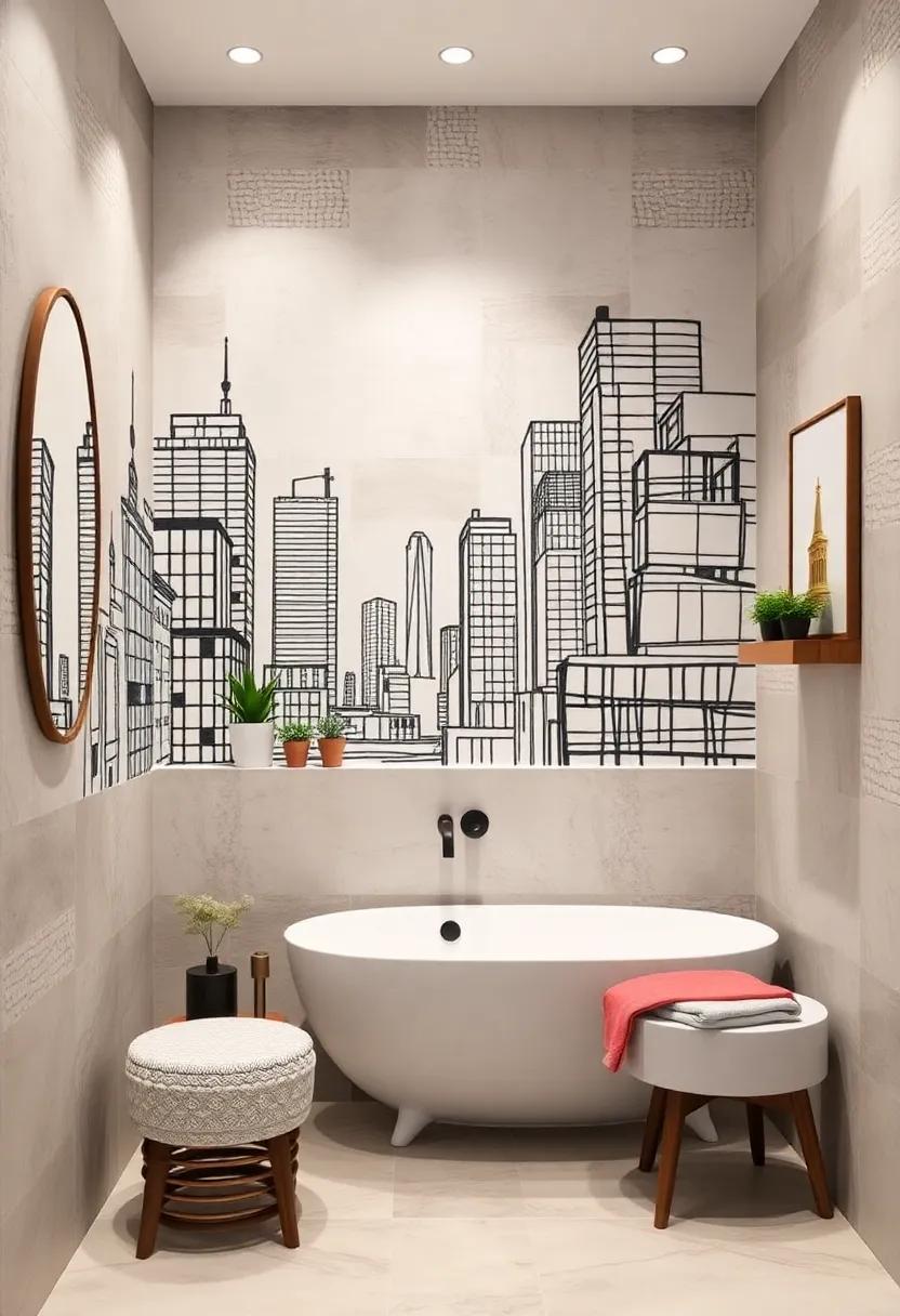 Sketch-Style Cityscape Wall Decals Adding Urban Charm and Artistic Depth to Small Bathroom Walls