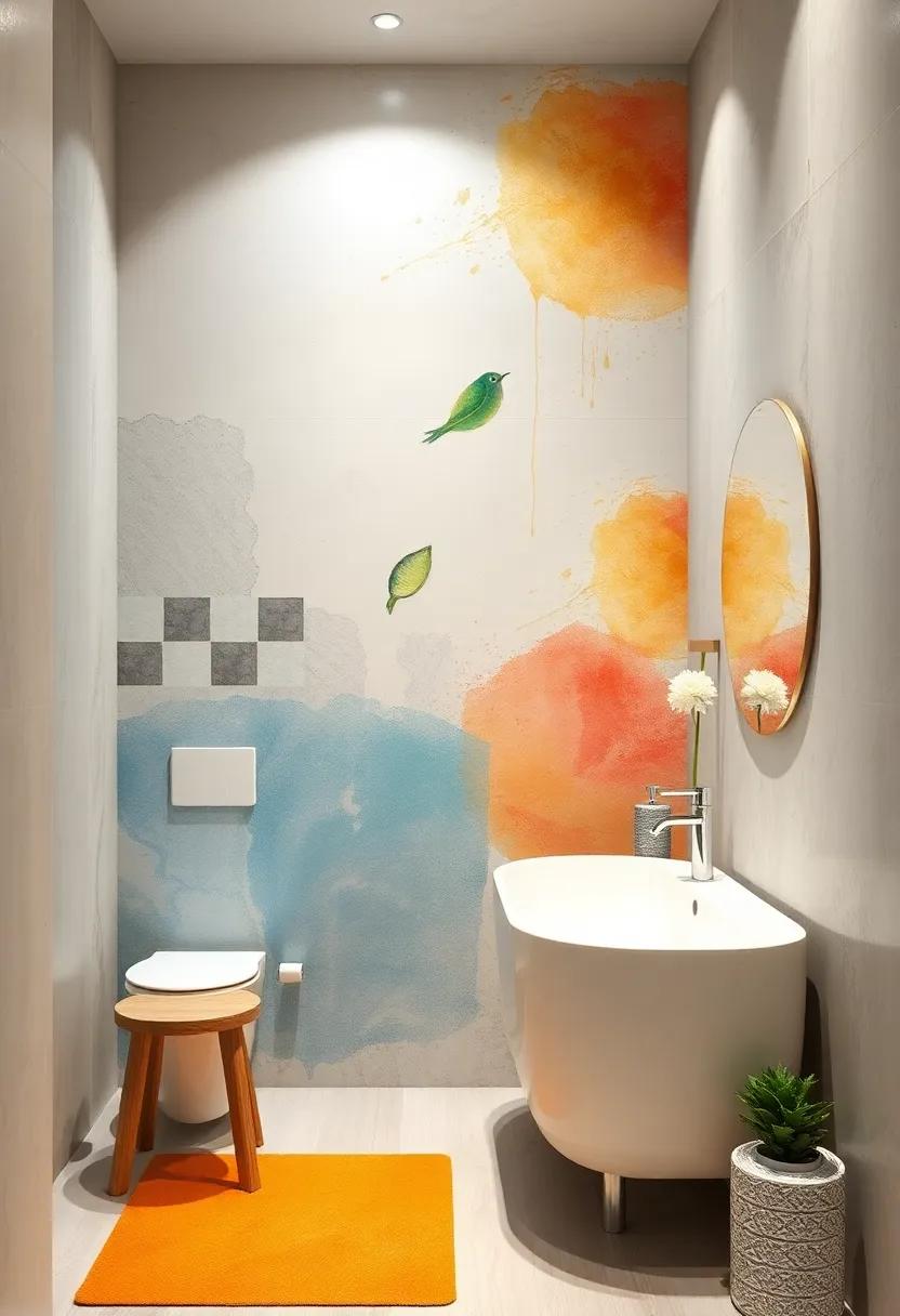 Abstract Watercolor Wall Decals Infusing Soft Color Blends and Creative Flair into Small Bathrooms