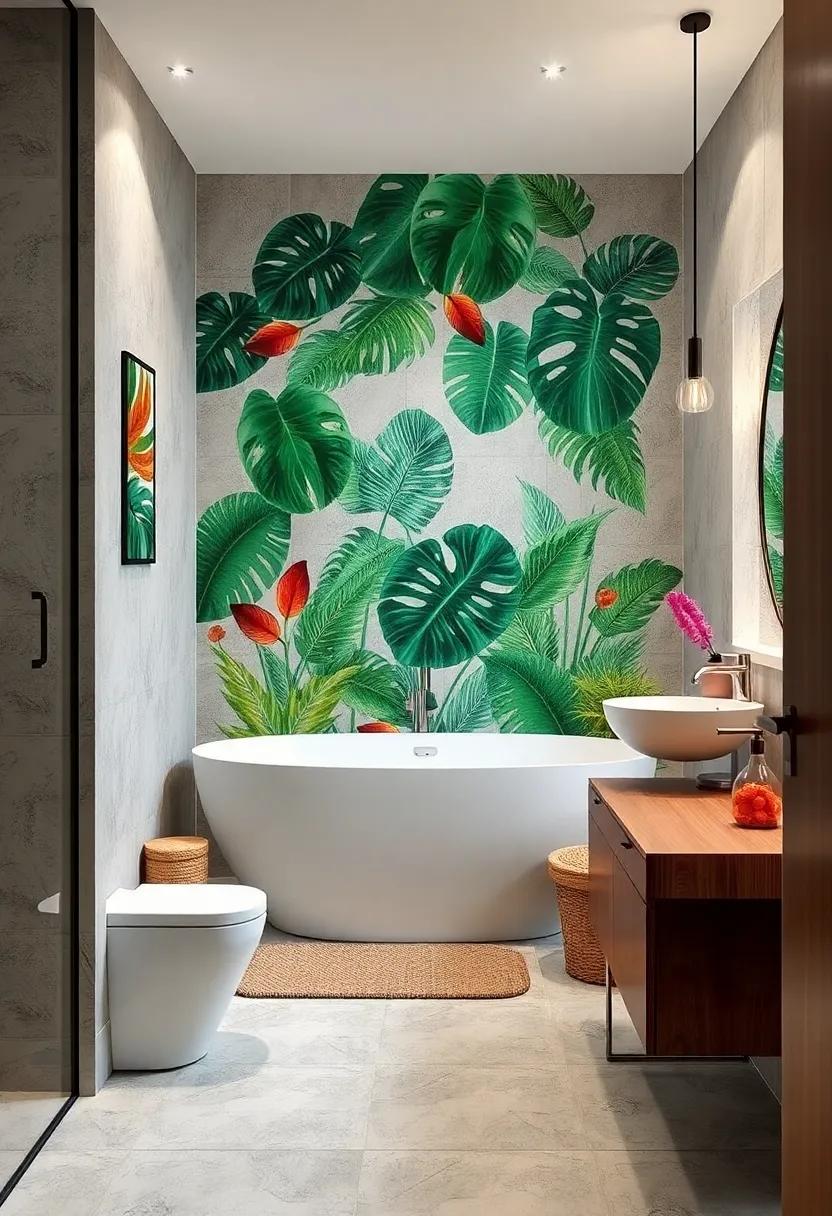 Bold Tropical Leaves Decorating Small Bathrooms with Vibrant Life and Refreshing Energy