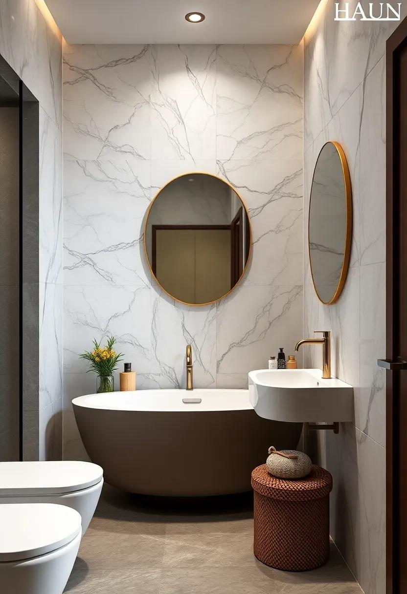 Sleek Marble and Gold Accent Wall Decals Melding Modernity with Timeless Elegance in Compact Bathrooms