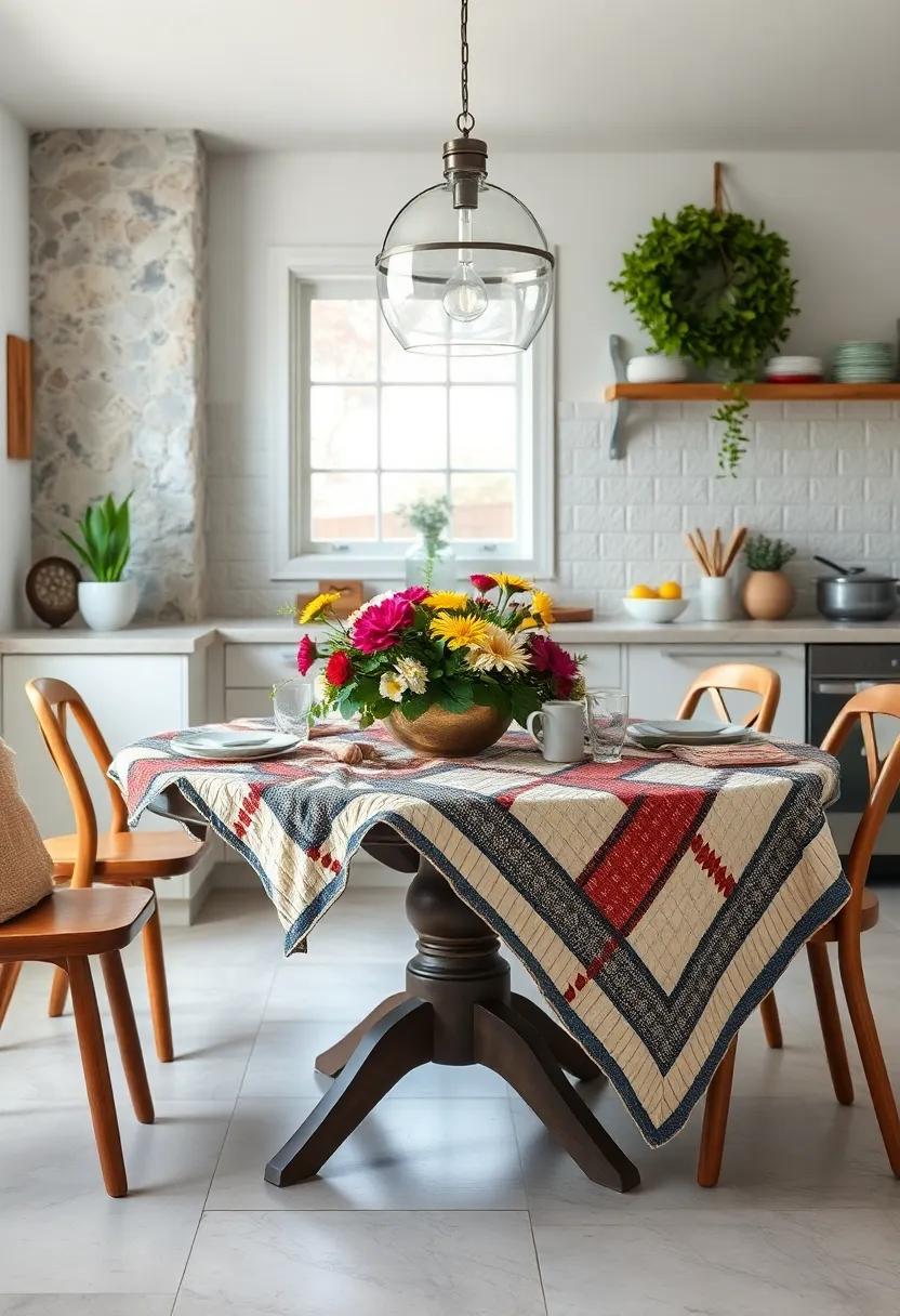 Quilt Display: Fold a lovely vintage quilt neatly or drape it over⁣ the table to add texture, color, and a ⁣sense of warmth, while serving as a unique ⁤backdrop⁢ for other decor
