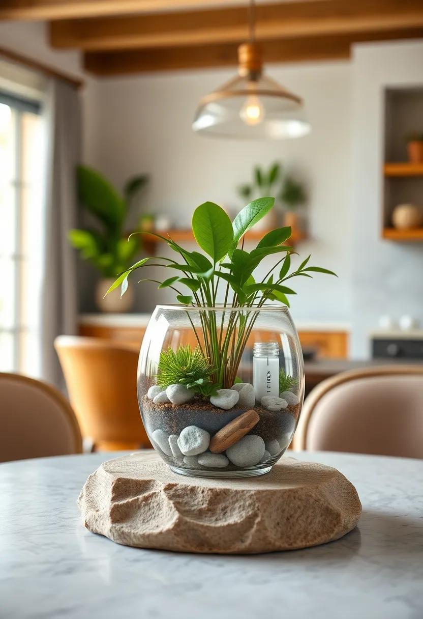 terrarium: ⁢Bring a mini-ecosystem⁣ to your table ⁢with ​a terrarium that ⁣combines ‍vibrant‌ greenery and simple decorative ⁢stones ​for a serene ⁢touch