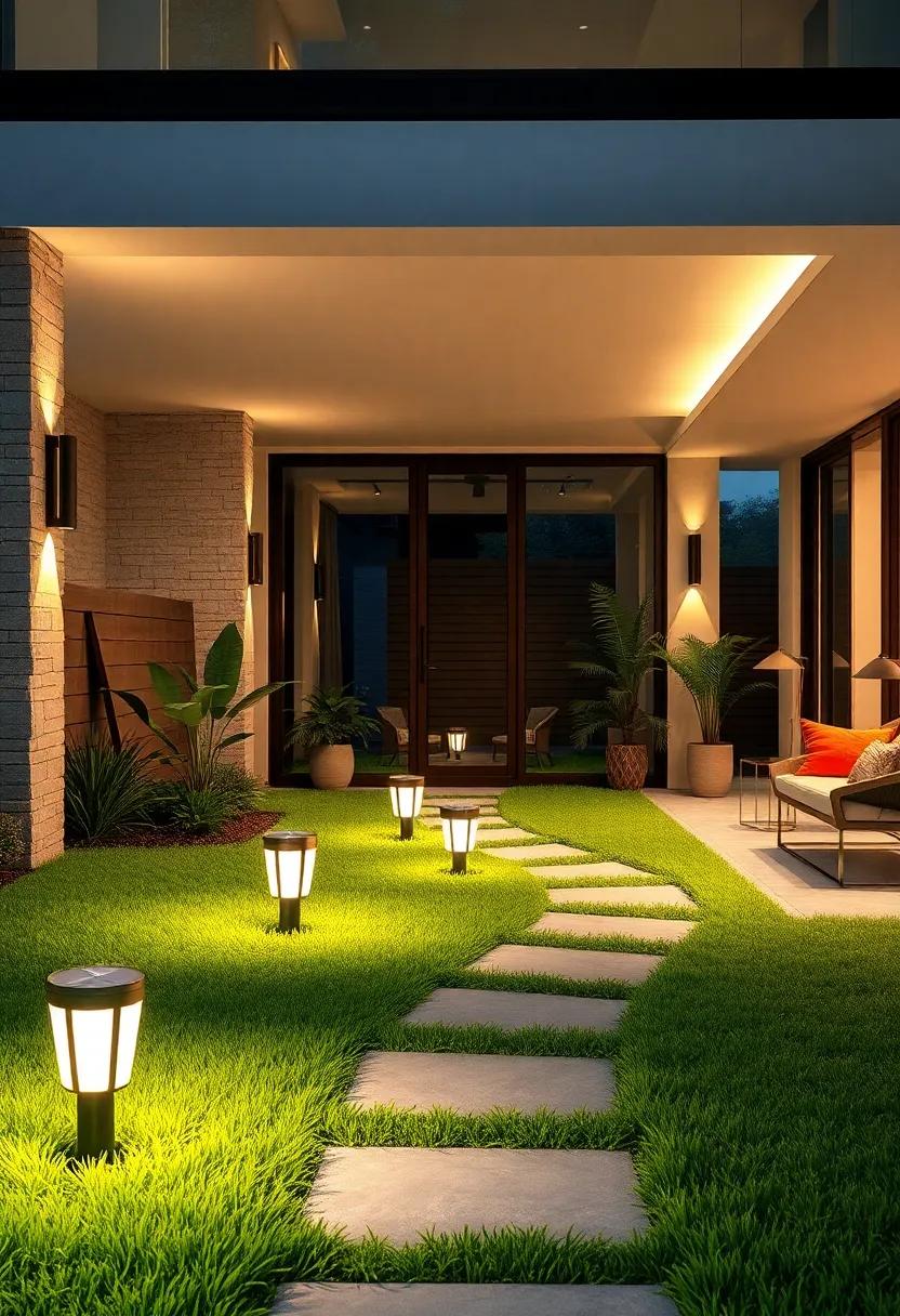 Contemporary Solar Pathway Lights Featuring Sleek Designs Against a Minimalist Lawn Setting
