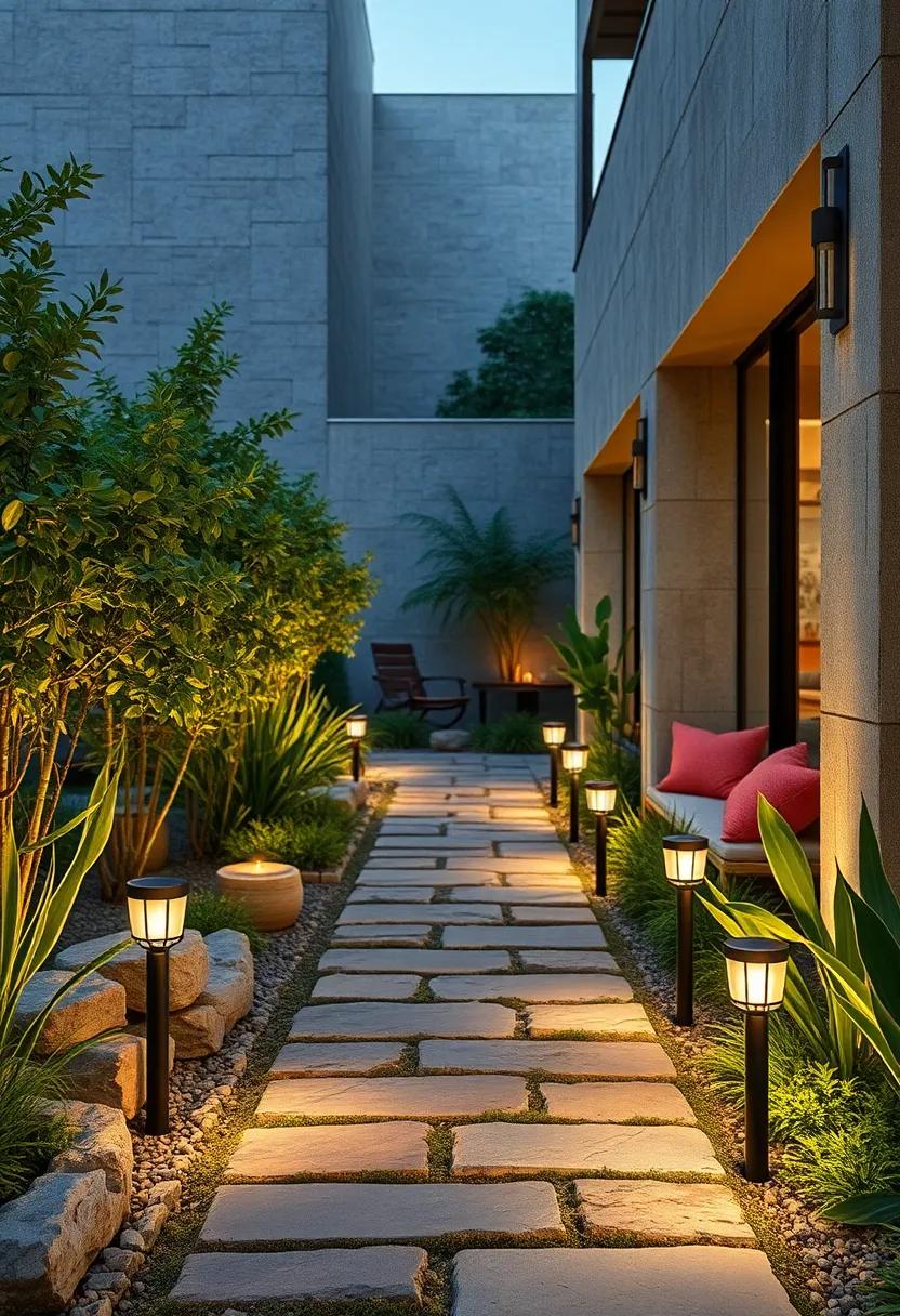 Eco-Friendly Elegance Captured in a Row of Solar Pathway Lights Along a Rustic Stone Path