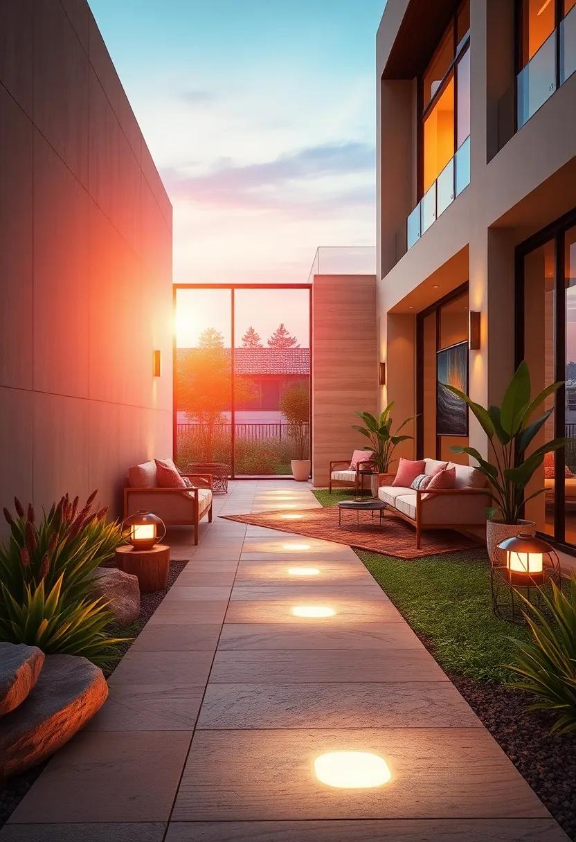 A Futuristic Solar-Powered Pathway Lighting Setup Highlighting Sustainable Urban Landscape