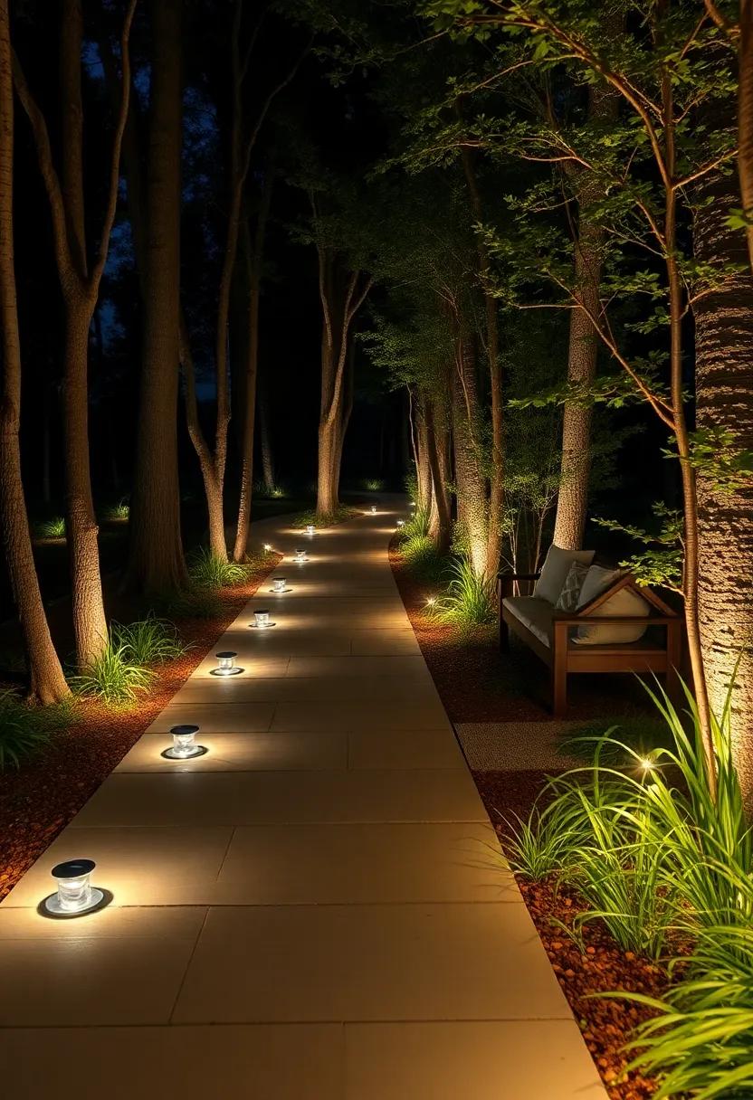 A Nighttime Forest Path Softly Lit by Small, Round Solar-Powered LED Ground Lights