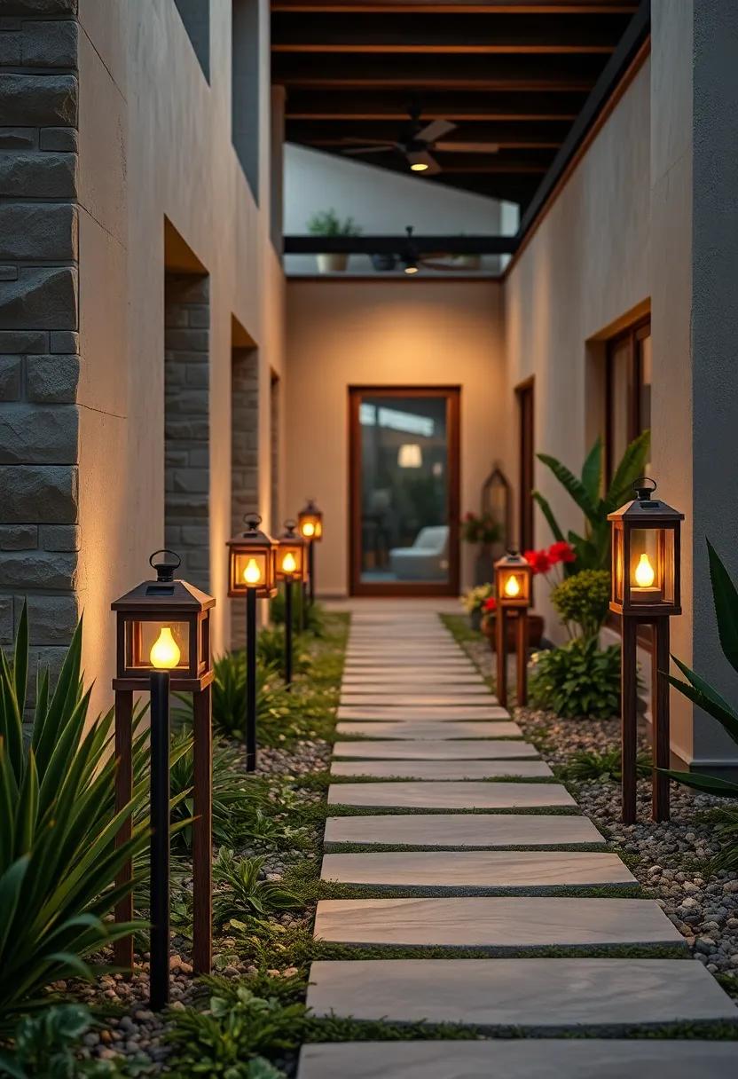 Rustic Wooden Solar Lanterns Lining a Garden Path with Natural, Eco-Friendly Appeal