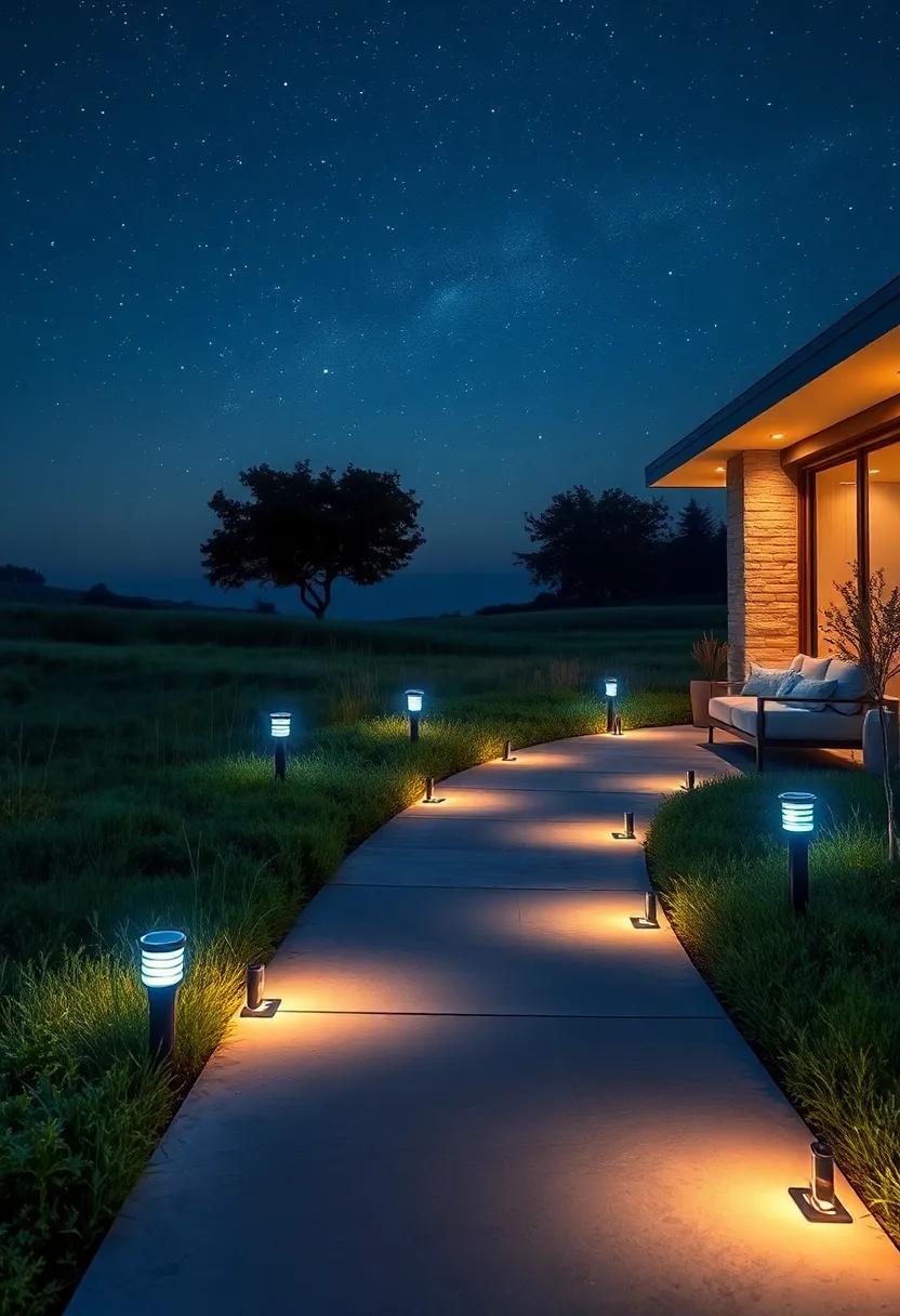 Soft Blue-Hued Solar Pathway Lights Mirroring a Clear Starry Sky Over a Calm Meadow