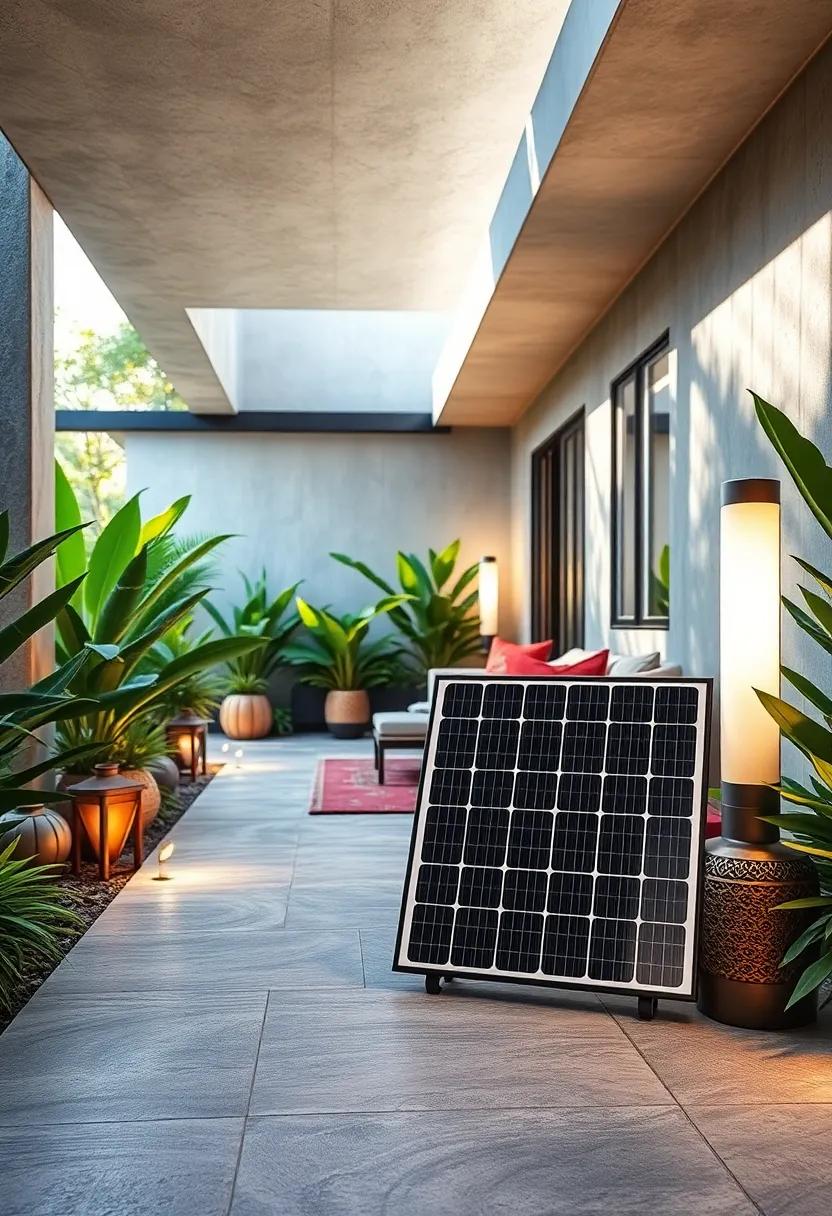 Solar Panel Close-Up Absorbing Sunlight Amid Vibrant Greenery for Outdoor Lighting Use