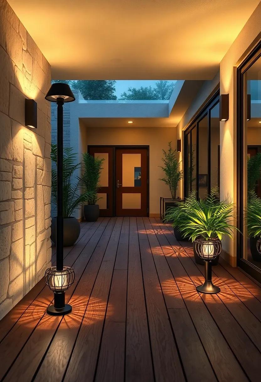 Solar Pathway Lights with Artistic Metal Frames Casting Intricate Shadows on a Wooden Deck