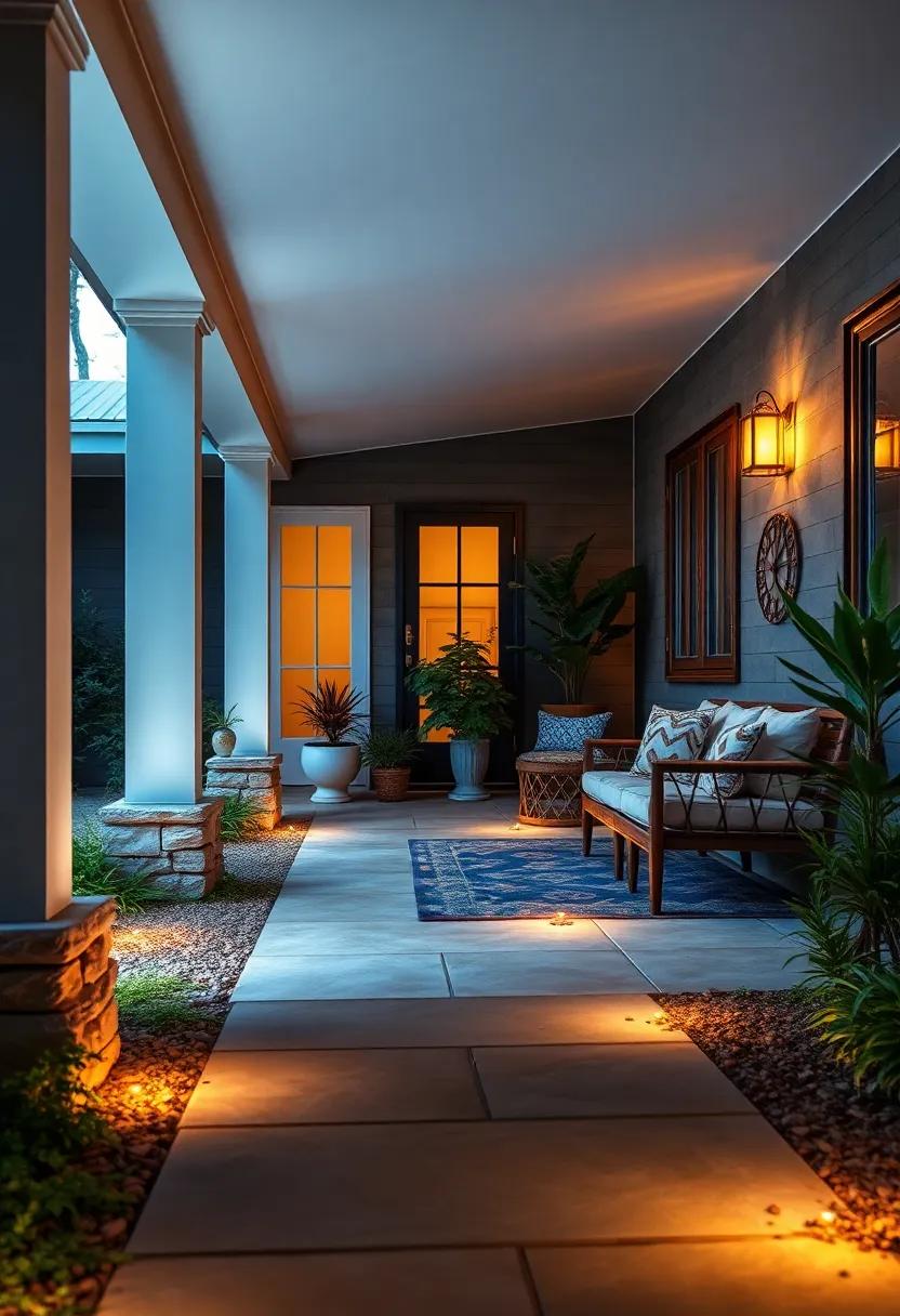Solar-Powered Pathway Lighting Enhancing Safety and Charm Around a Cozy Cottage Porch