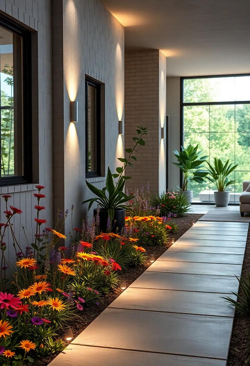 Subtle Solar Pathway Lights Integrated with Colorful Wildflowers in an Organic Garden